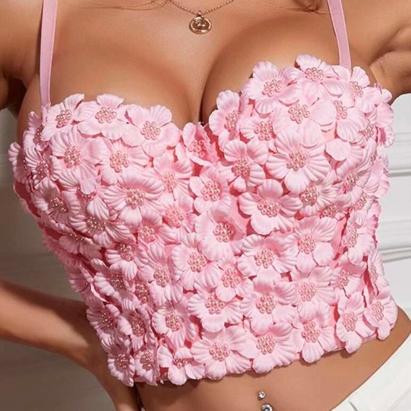 Boutique Tops - Y2K Pink Floral and Pearl Beaded Crop Cami Corsette Top - NEW